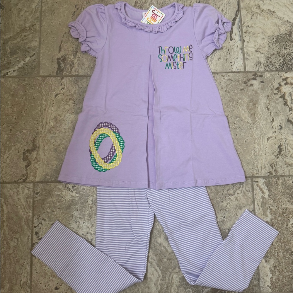 NWT Size 8 Jelly Bean Mardi Gras Top and Striped Leggings Set
